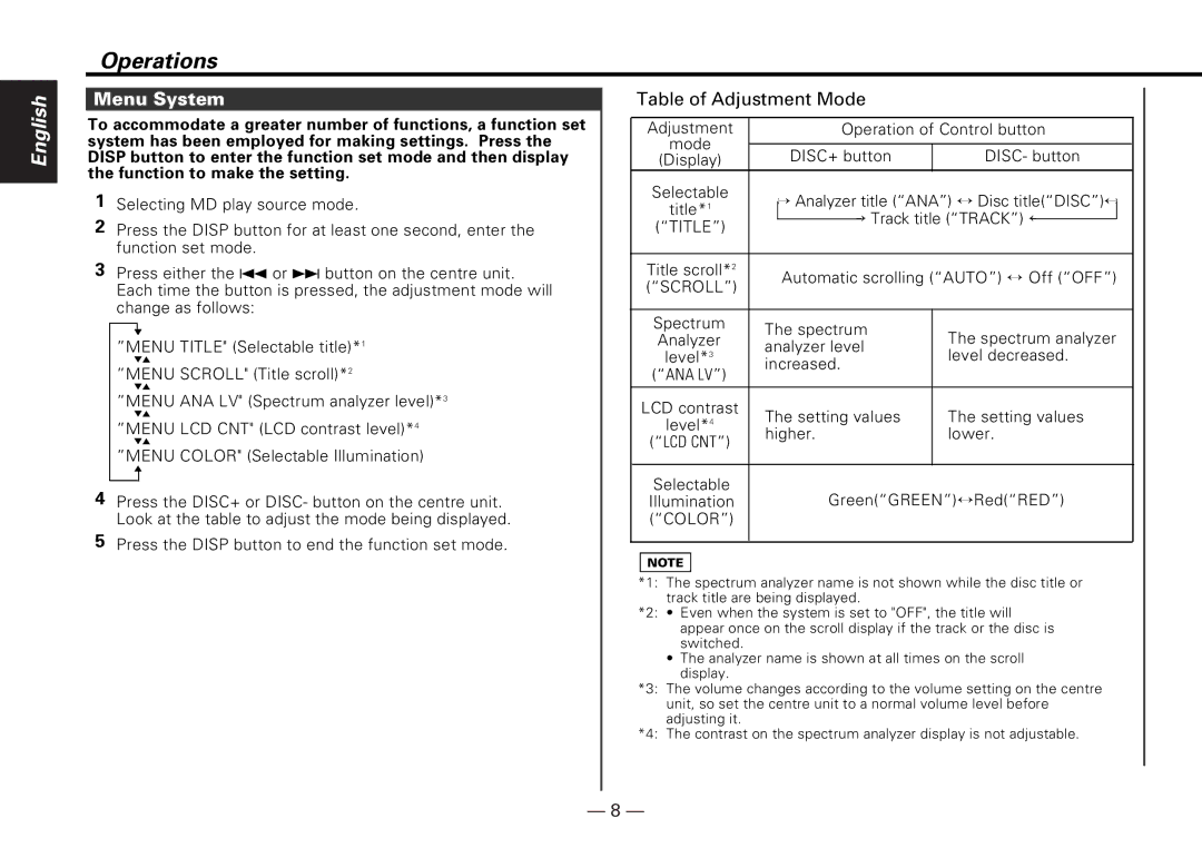 Kenwood KMD-D401 instruction manual Menu System, Table of Adjustment Mode 