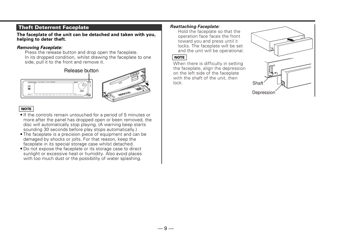 Kenwood KMD-D401 instruction manual Theft Deterrent Faceplate, Removing Faceplate 