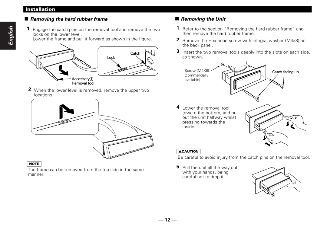 Kenwood KMD-D401 instruction manual Removing the hard rubber frame, Removing the Unit, Installation, English 