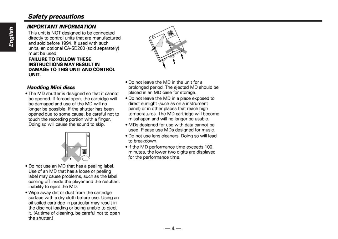 Kenwood KMD-D401 instruction manual Important Information, Handling Mini discs, Safety precautions, English 
