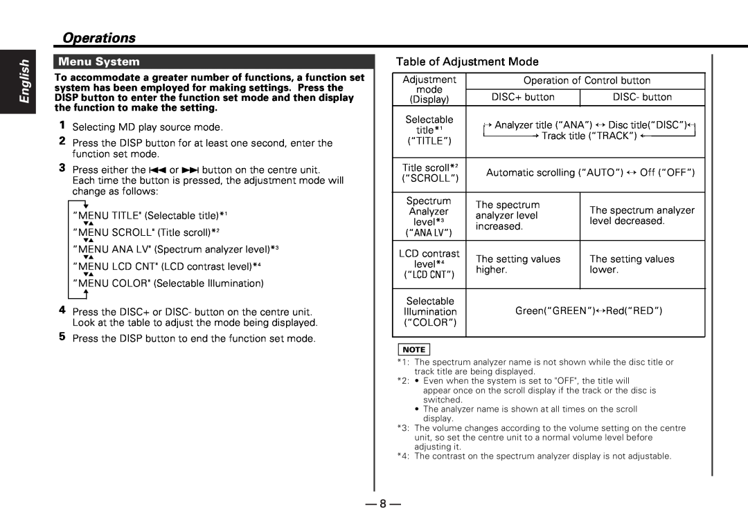 Kenwood KMD-D401 instruction manual Menu System, Table of Adjustment Mode, Operations, English 