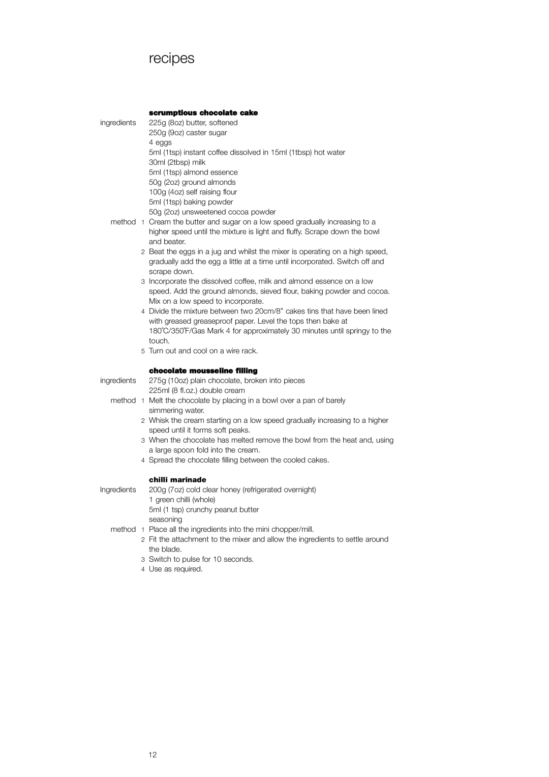 Kenwood KMC010, KMM020 manual Scrumptious chocolate cake, Chocolate mousseline filling, Chilli marinade 