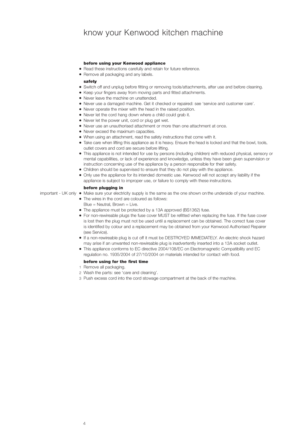 Kenwood KMC010, KMM020 manual Before using your Kenwood appliance, Before plugging, Before using for the first time 