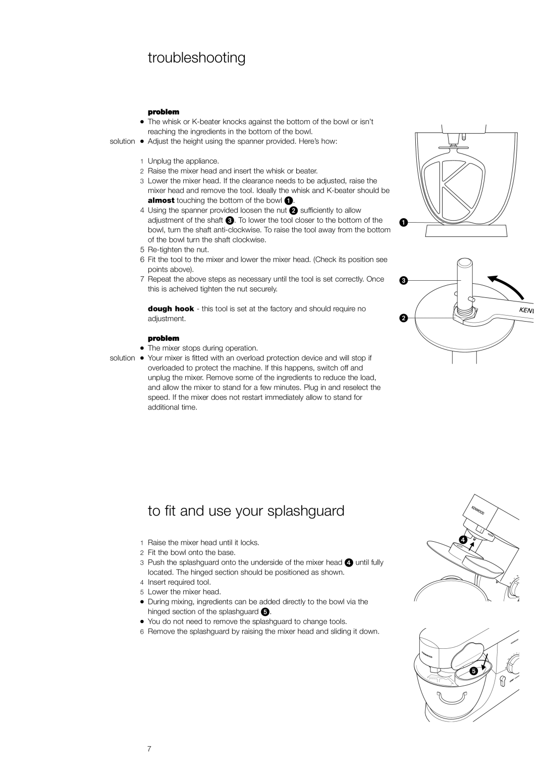 Kenwood KMM020, KMC010 manual Troubleshooting, To fit and use your splashguard, Problem 