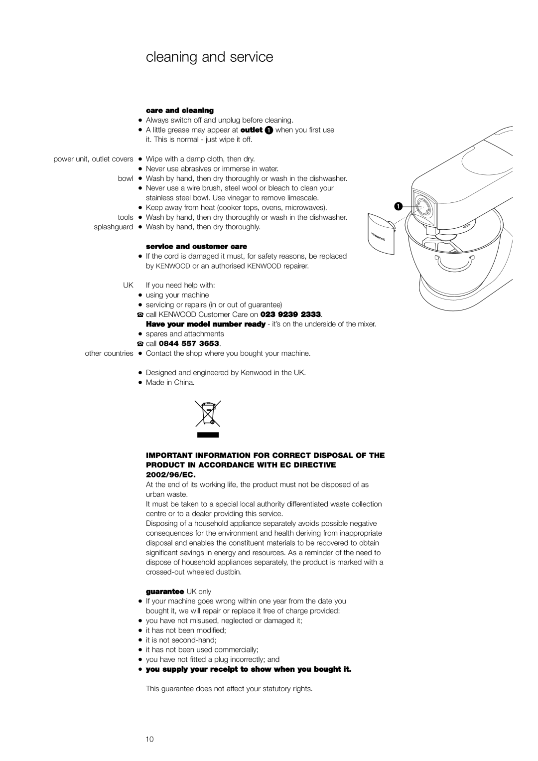 Kenwood KMC010, KMM020 manual Cleaning and service, Care and cleaning, Service and customer care, Guarantee UK only 