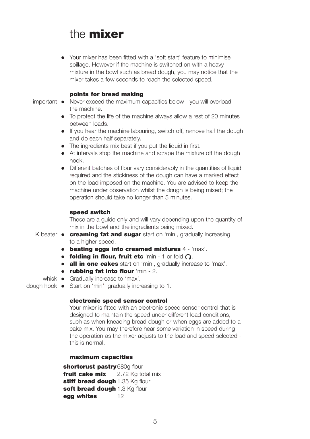 Kenwood KMX manual Points for bread making, Speed switch, Rubbing fat into flour ‘min, Electronic speed sensor control 