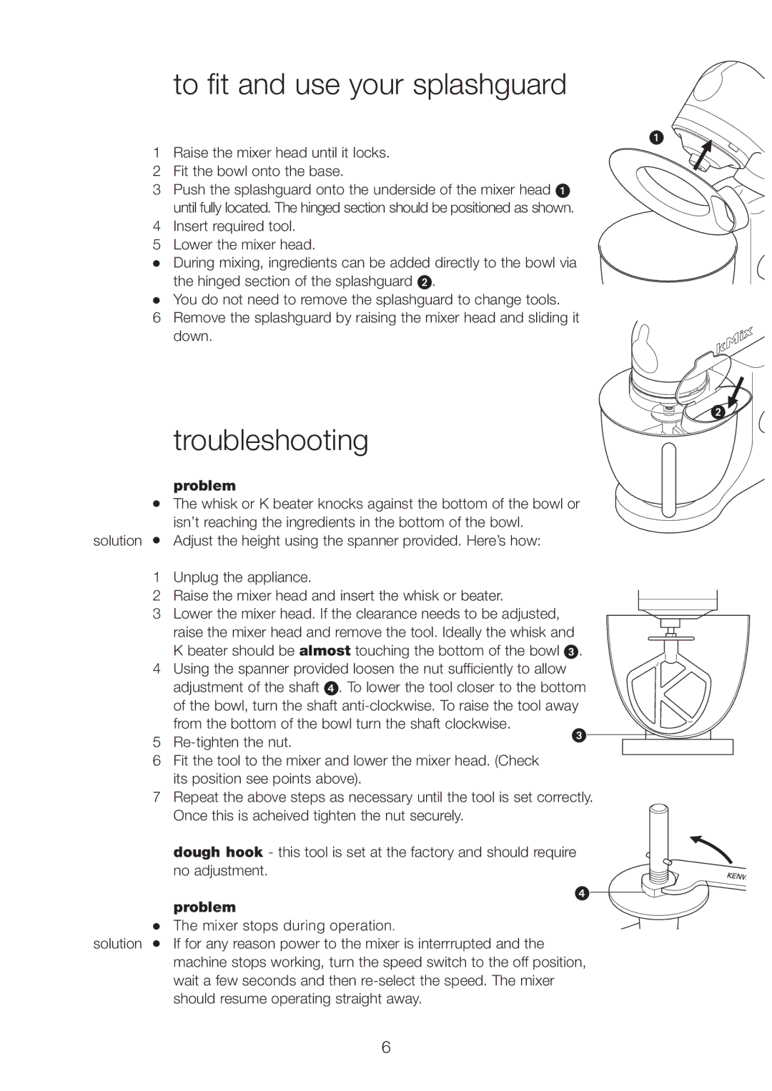 Kenwood KMX manual To fit and use your splashguard, Troubleshooting, Problem 