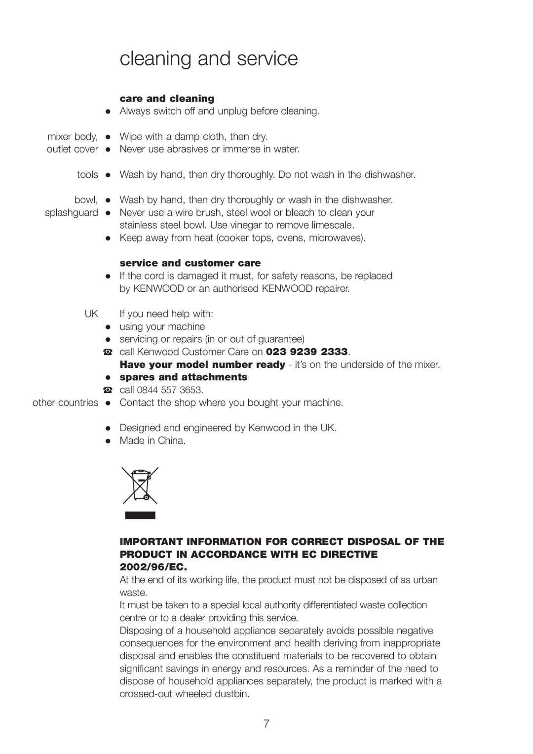 Kenwood KMX manual Cleaning and service, Care and cleaning, Service and customer care, Spares and attachments 