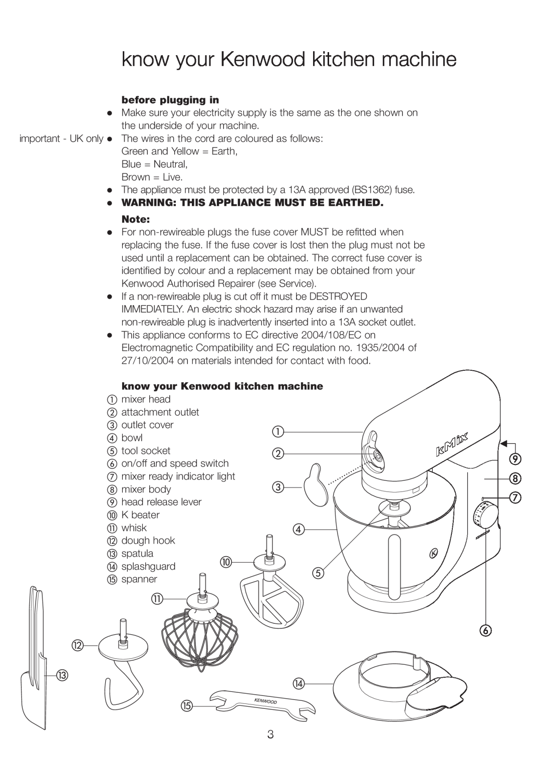 Kenwood KMX manual know your Kenwood kitchen machine, before plugging in, WARNING THIS APPLIANCE MUST BE EARTHED. Note 