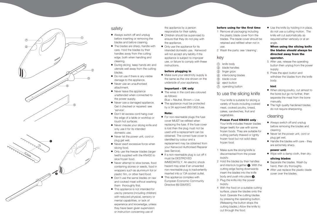 Kenwood KN450, KN400 manual Safety, Key, To use the slicing knife, Cleaning 