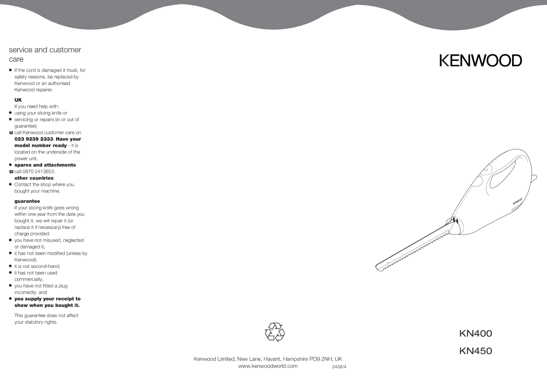 Kenwood KN400, KN450 manual Service and customer care 