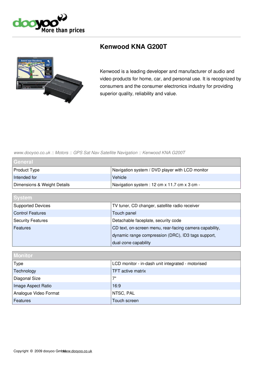 Kenwood dimensions Kenwood KNA G200T, General, System, Monitor 