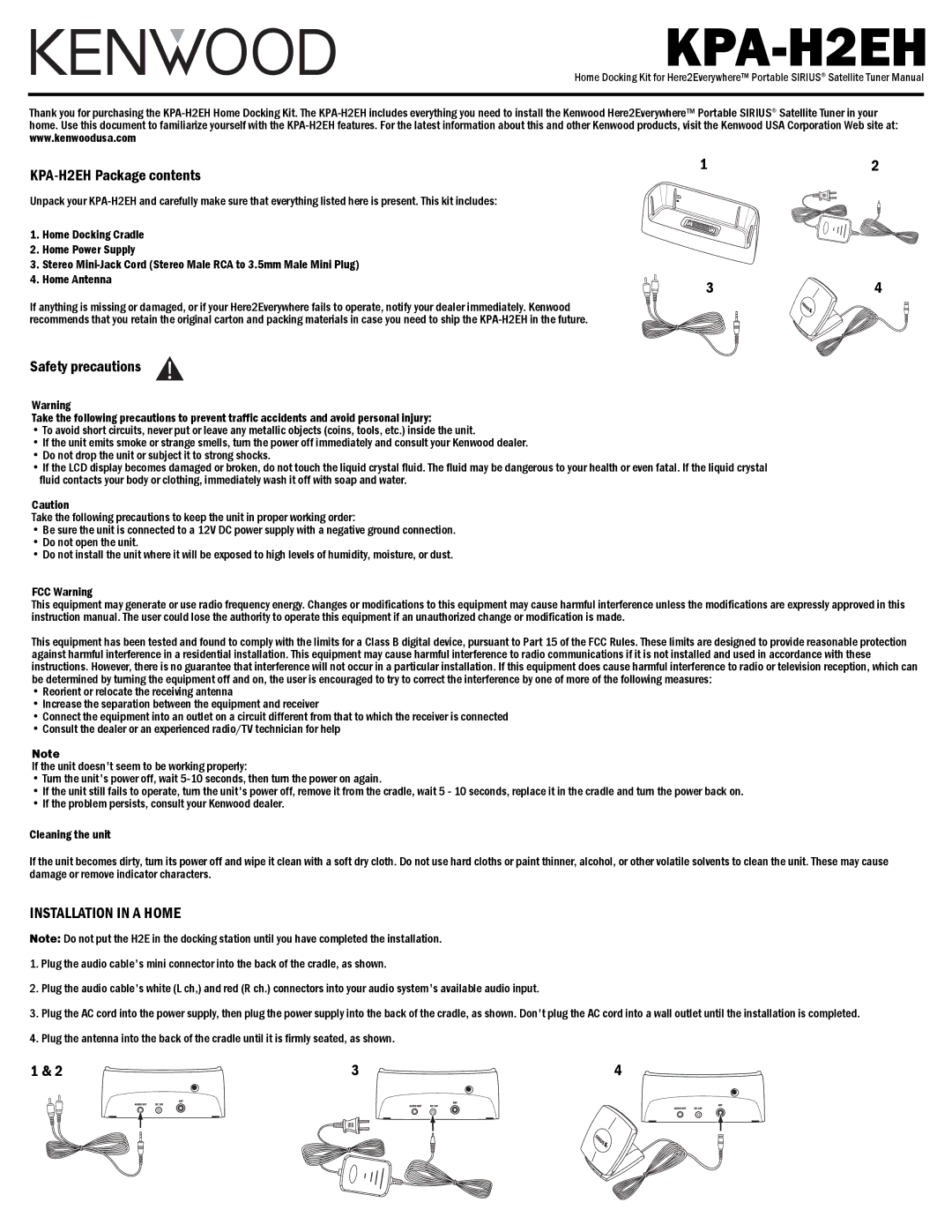 Kenwood instruction manual KPA-H2EH Package contents, Safety precautions, Installation in a Home 