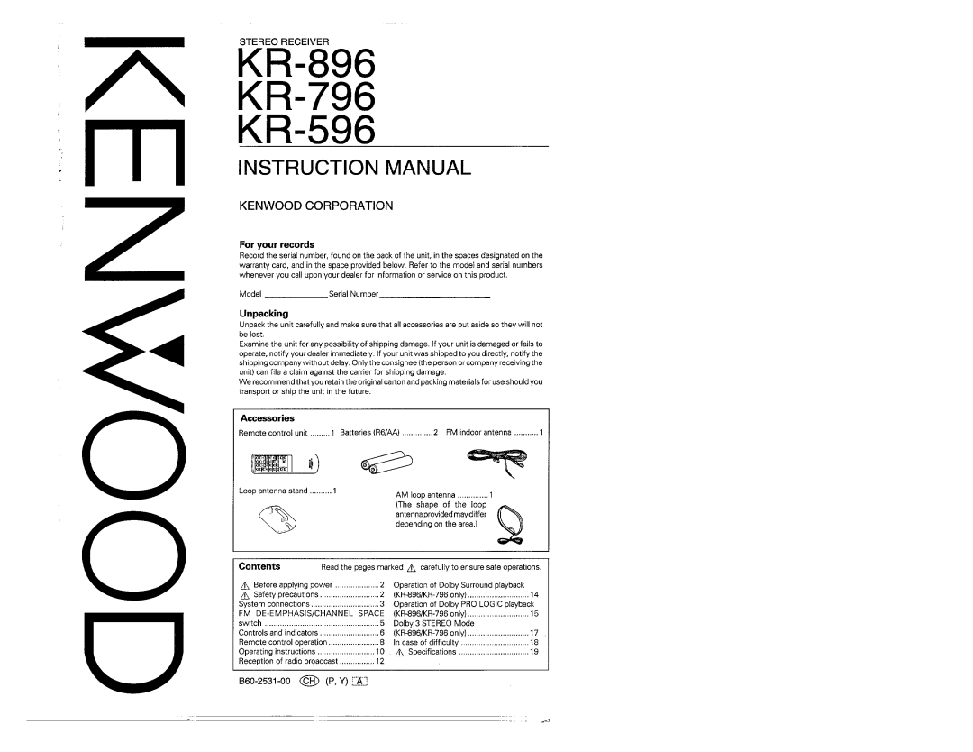 Kenwood KR-796, KR-896, KR-596 manual 