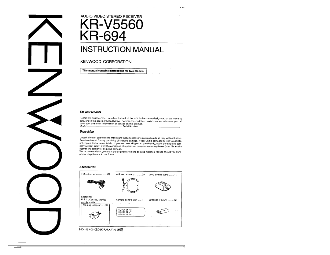 Kenwood KR-694, KR-V5560 manual 