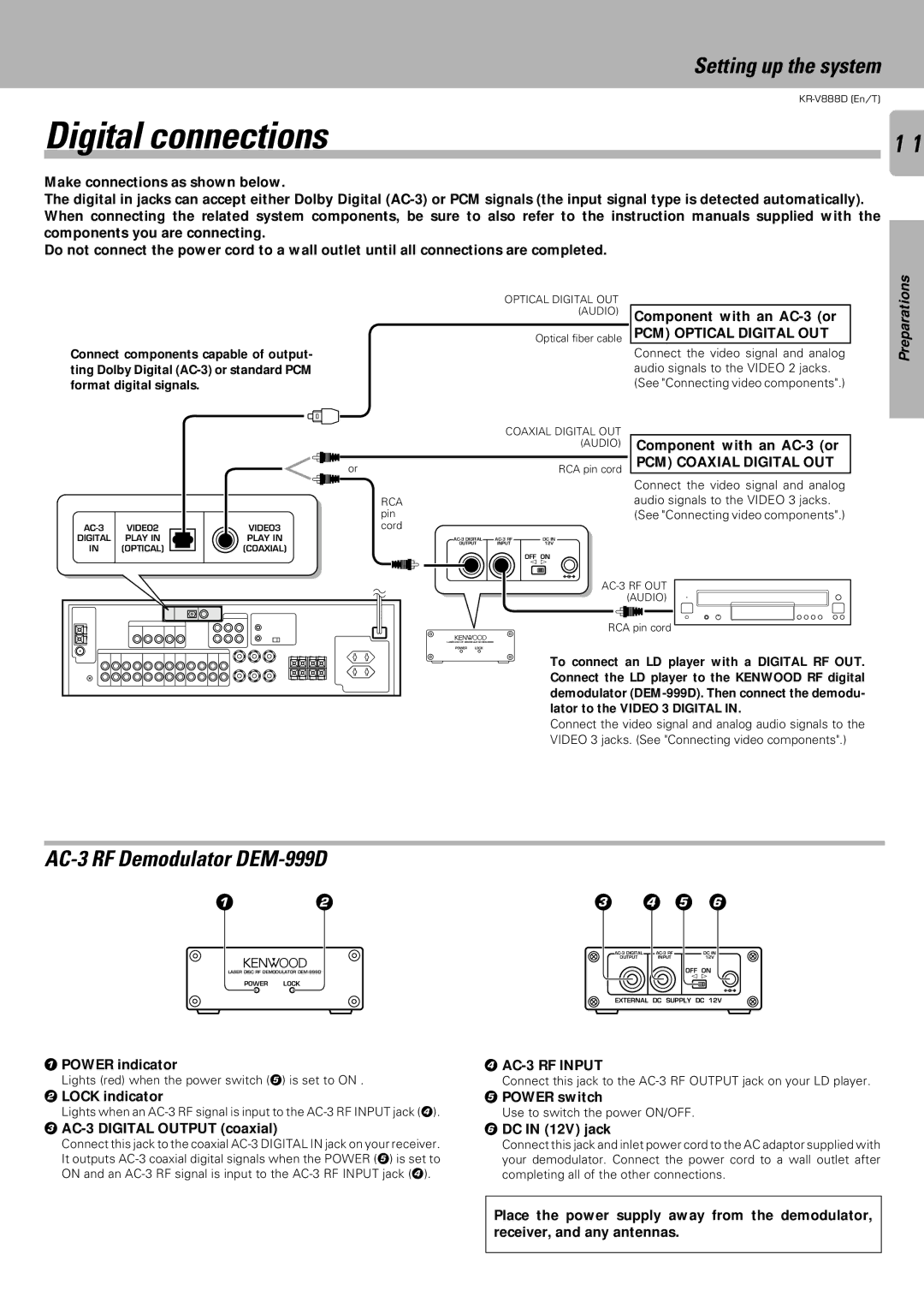 Kenwood KR-V888D instruction manual Digital connections, AC-3 RF Demodulator DEM-999D 