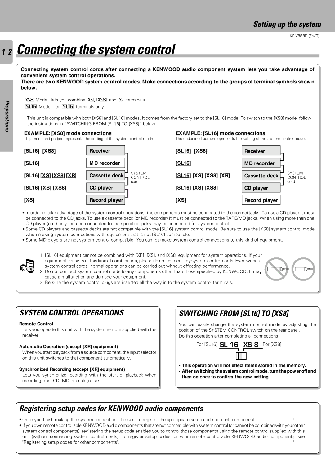 Kenwood KR-V888D instruction manual Connecting the system control, Registering setup codes for Kenwood audio components 