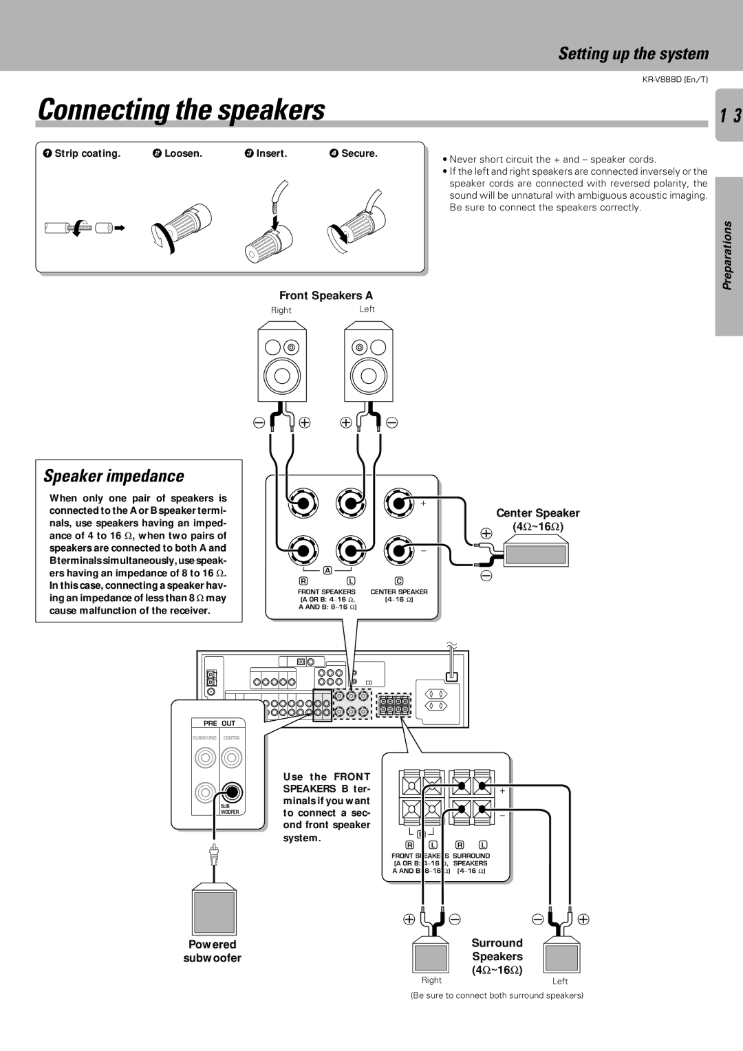 Kenwood KR-V888D instruction manual Connecting the speakers, Speaker impedance 