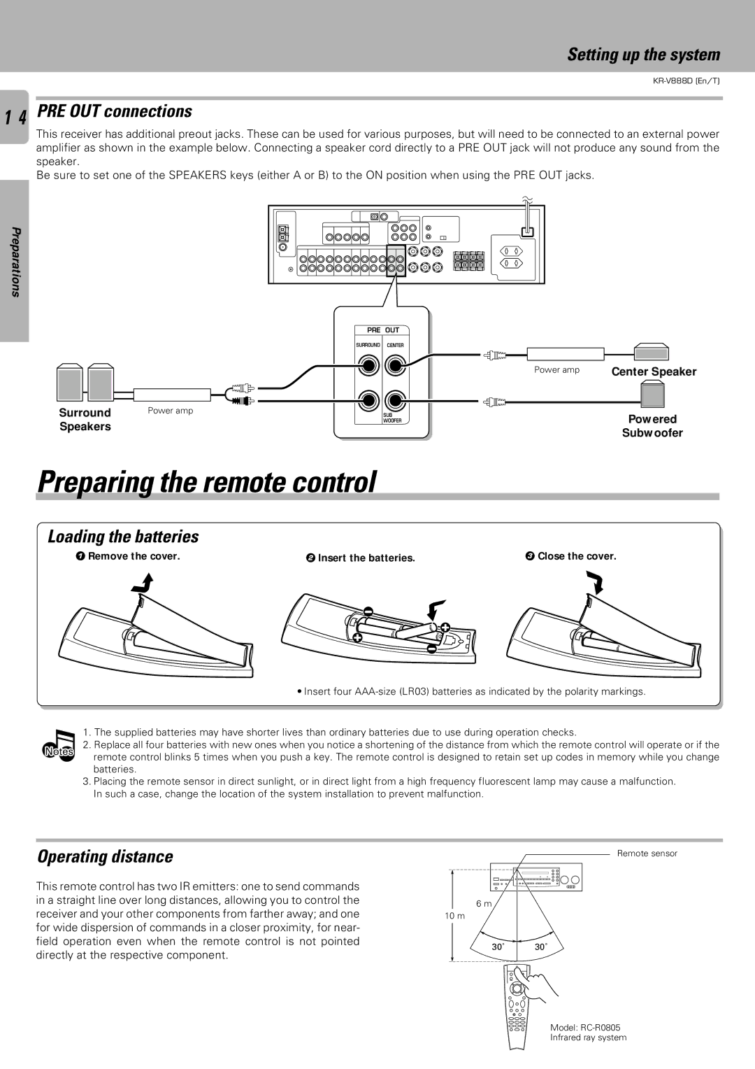 Kenwood KR-V888D Preparing the remote control, PRE OUT connections, Loading the batteries, Operating distance 