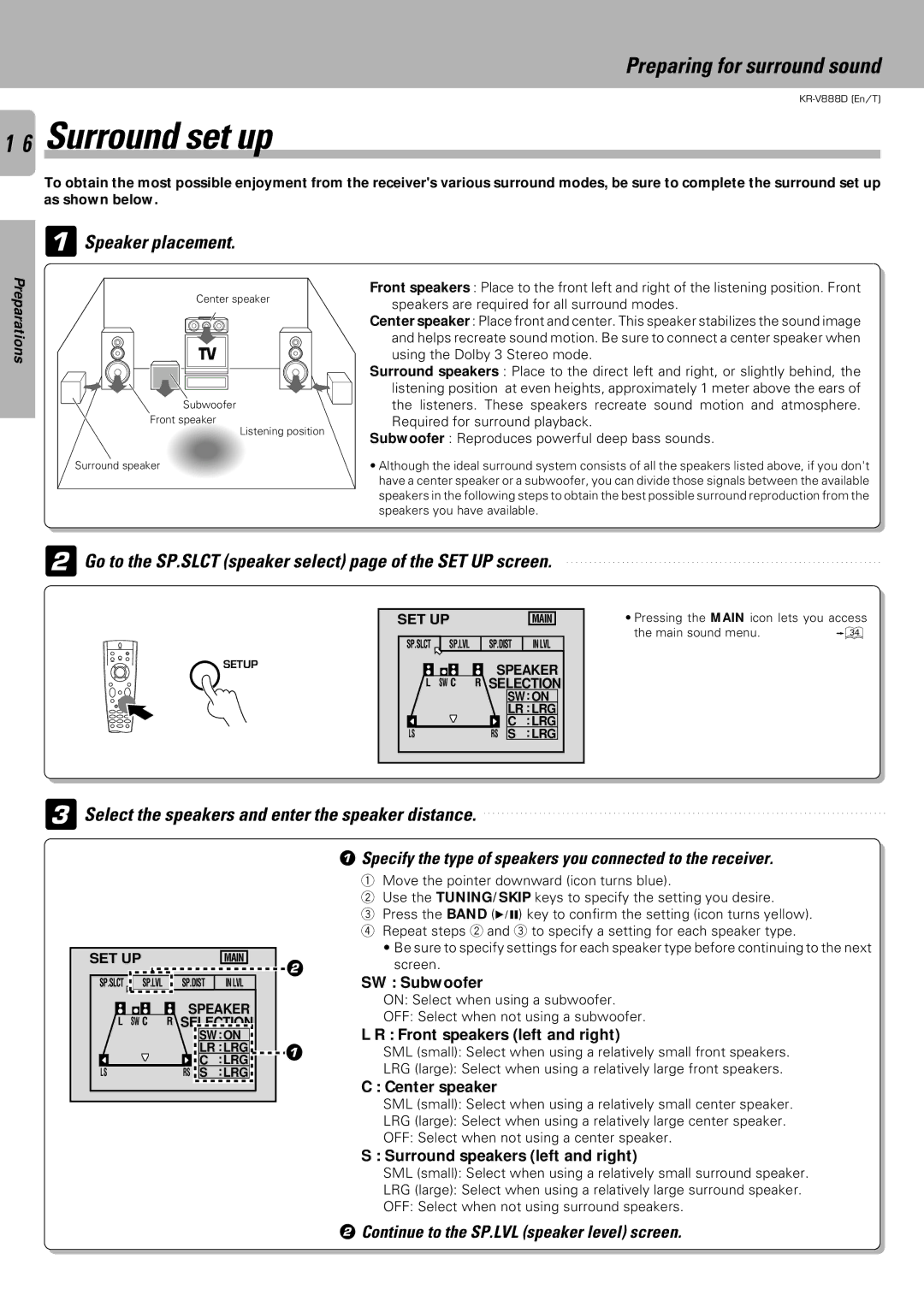 Kenwood KR-V888D instruction manual Surround set up, Preparing for surround sound, Speaker placement 