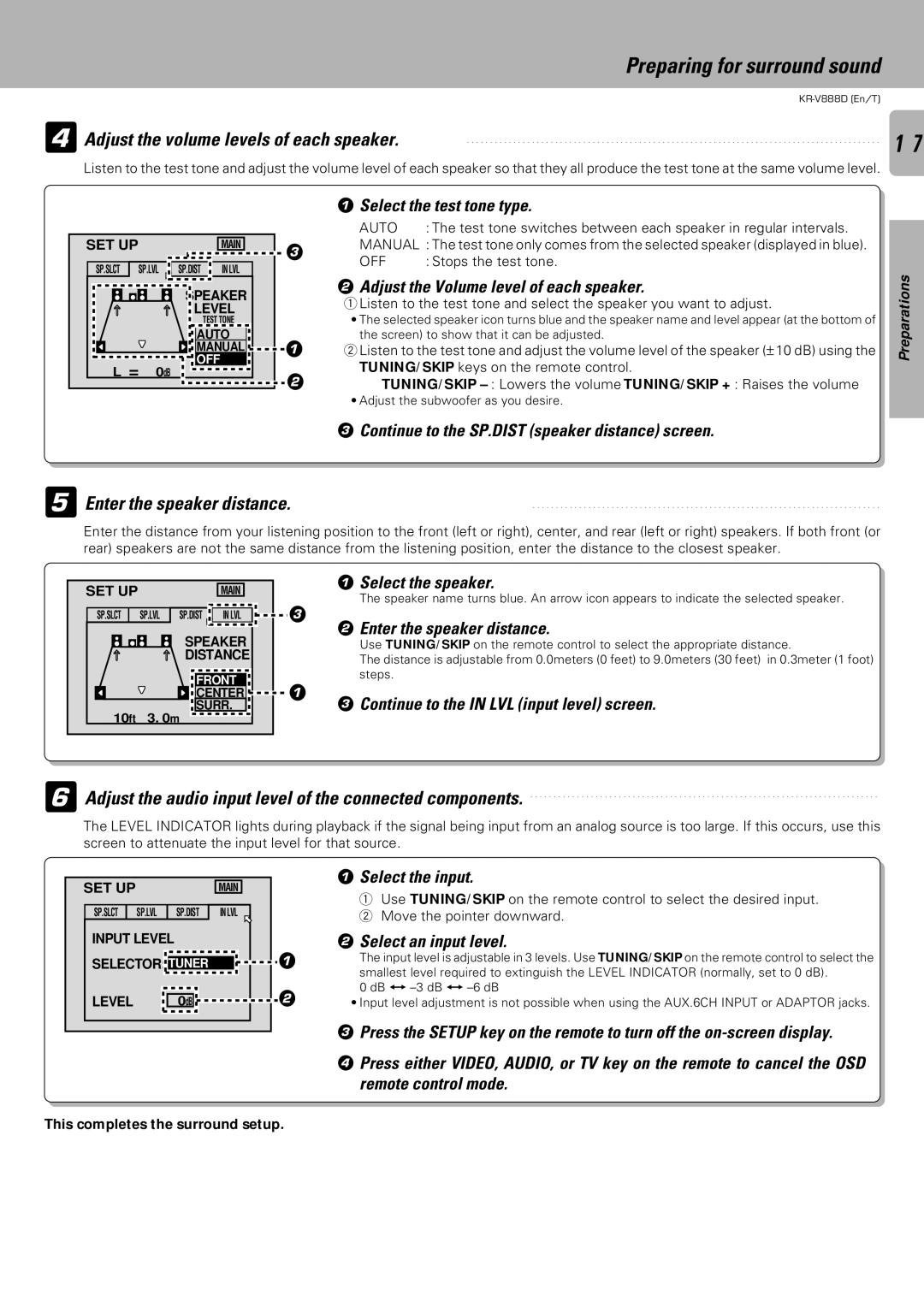 Kenwood KR-V888D instruction manual 4Adjust the volume levels of each speaker, Enter the speaker distance 