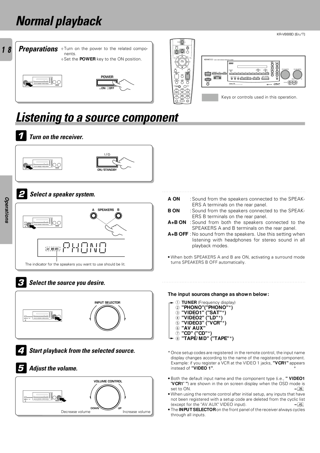 Kenwood KR-V888D instruction manual Normal playback, Listening to a source component 