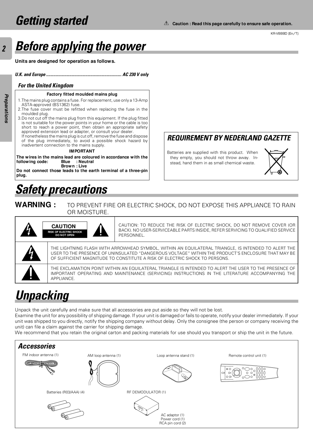 Kenwood KR-V888D instruction manual Getting started, Safety precautions, Unpacking, Accessories, For the United Kingdom 