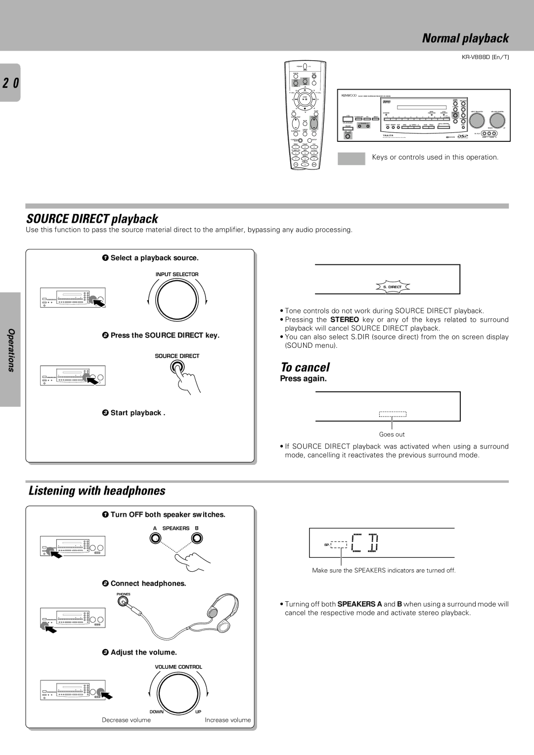 Kenwood KR-V888D instruction manual Source Direct playback, Listening with headphones 