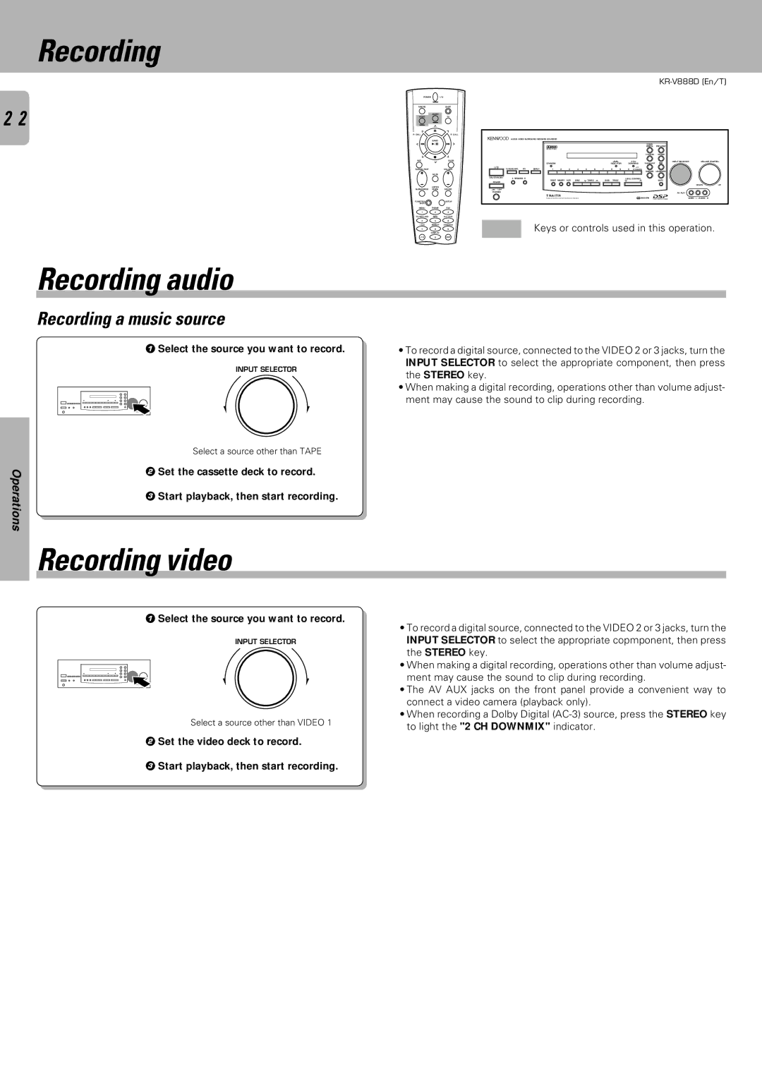 Kenwood KR-V888D Recording audio, Recording video, Recording a music source, Select the source you want to record 