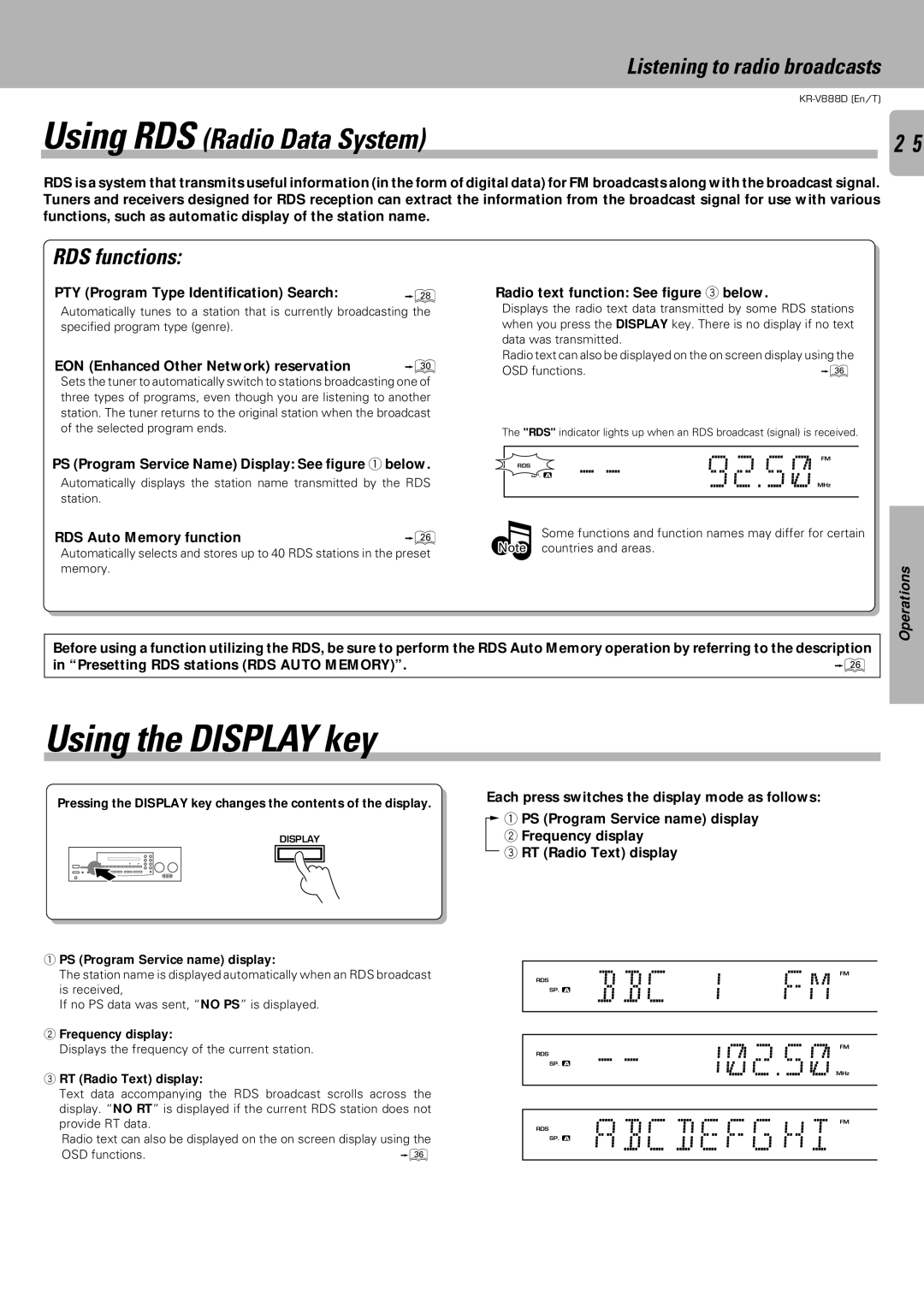 Kenwood KR-V888D instruction manual Using the Display key, RDS functions 