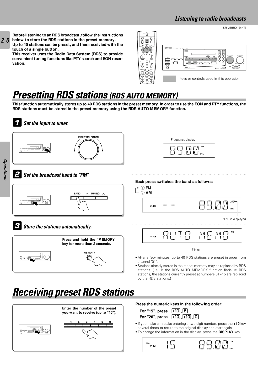 Kenwood KR-V888D Presetting RDS stations RDS Auto Memory, Receiving preset RDS stations, Set the broadcast band to FM 