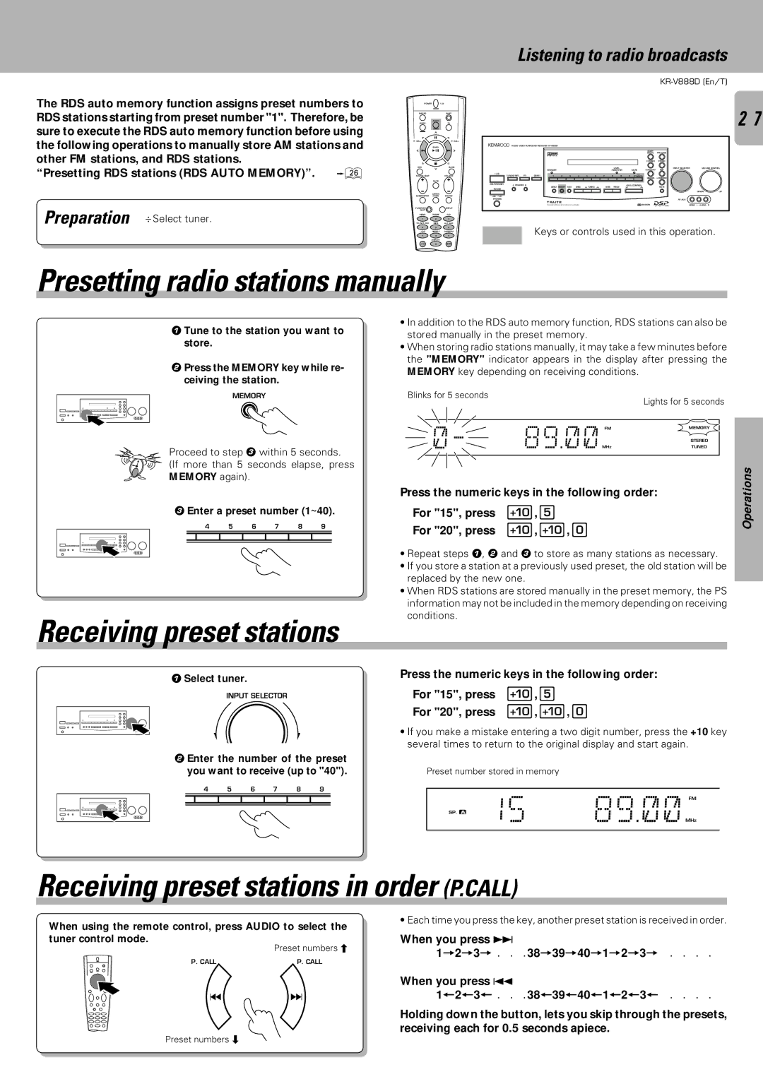 Kenwood KR-V888D Presetting radio stations manually, Receiving preset stations in order P.CALL, Enter a preset number 1~40 