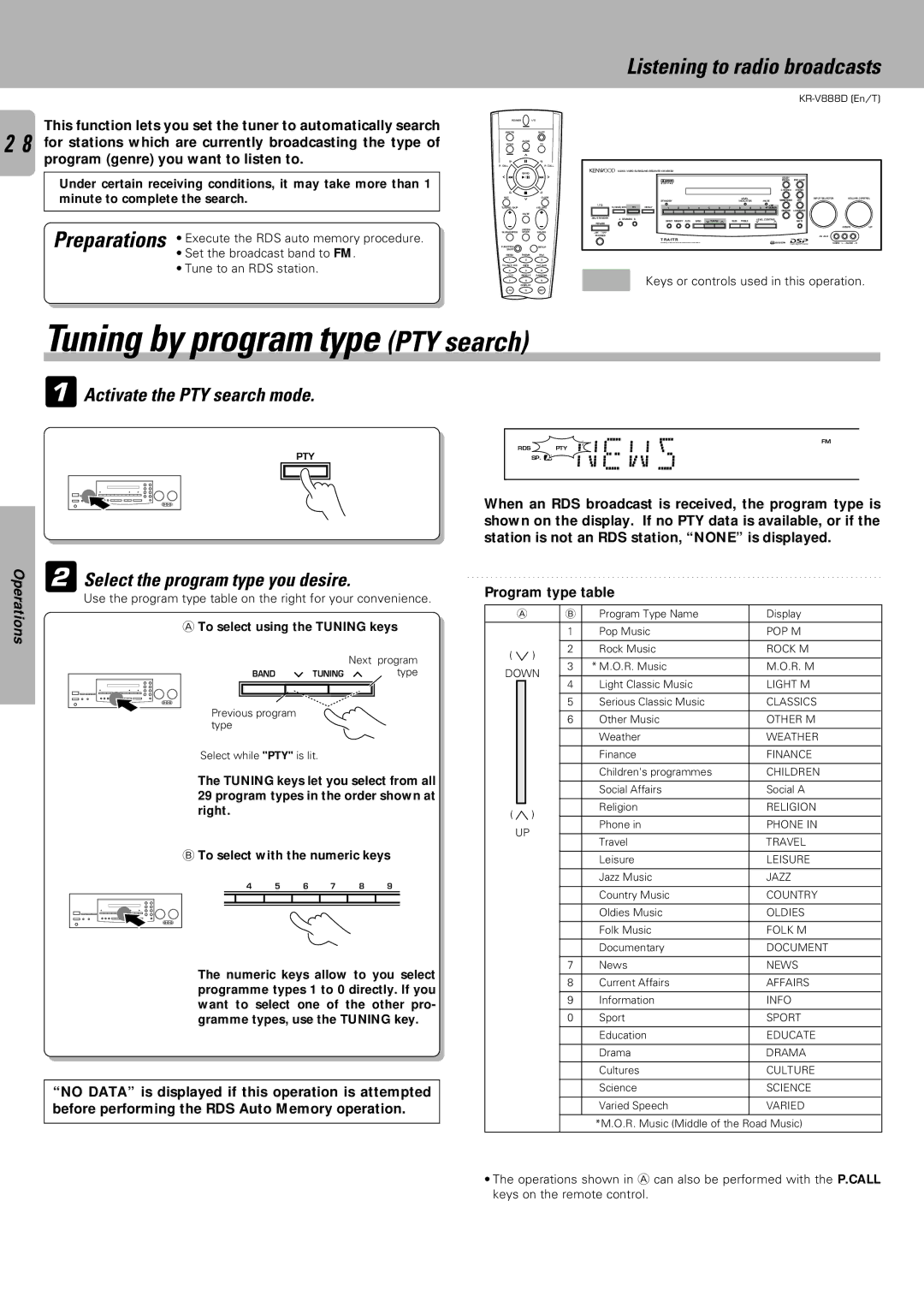 Kenwood KR-V888D Tuning by program type PTY search, Activate the PTY search mode, Select the program type you desire 