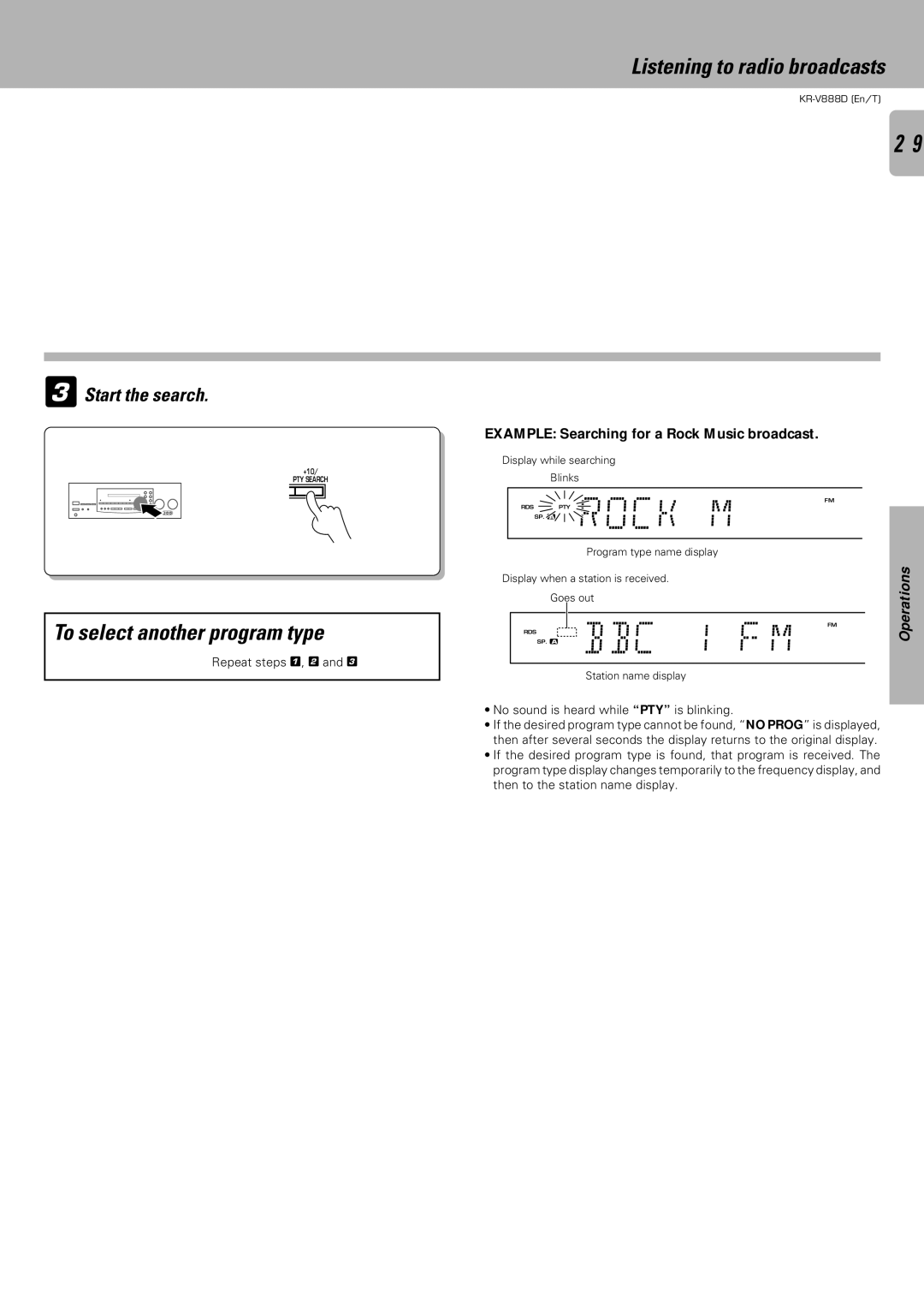 Kenwood KR-V888D To select another program type, Start the search, Example Searching for a Rock Music broadcast 