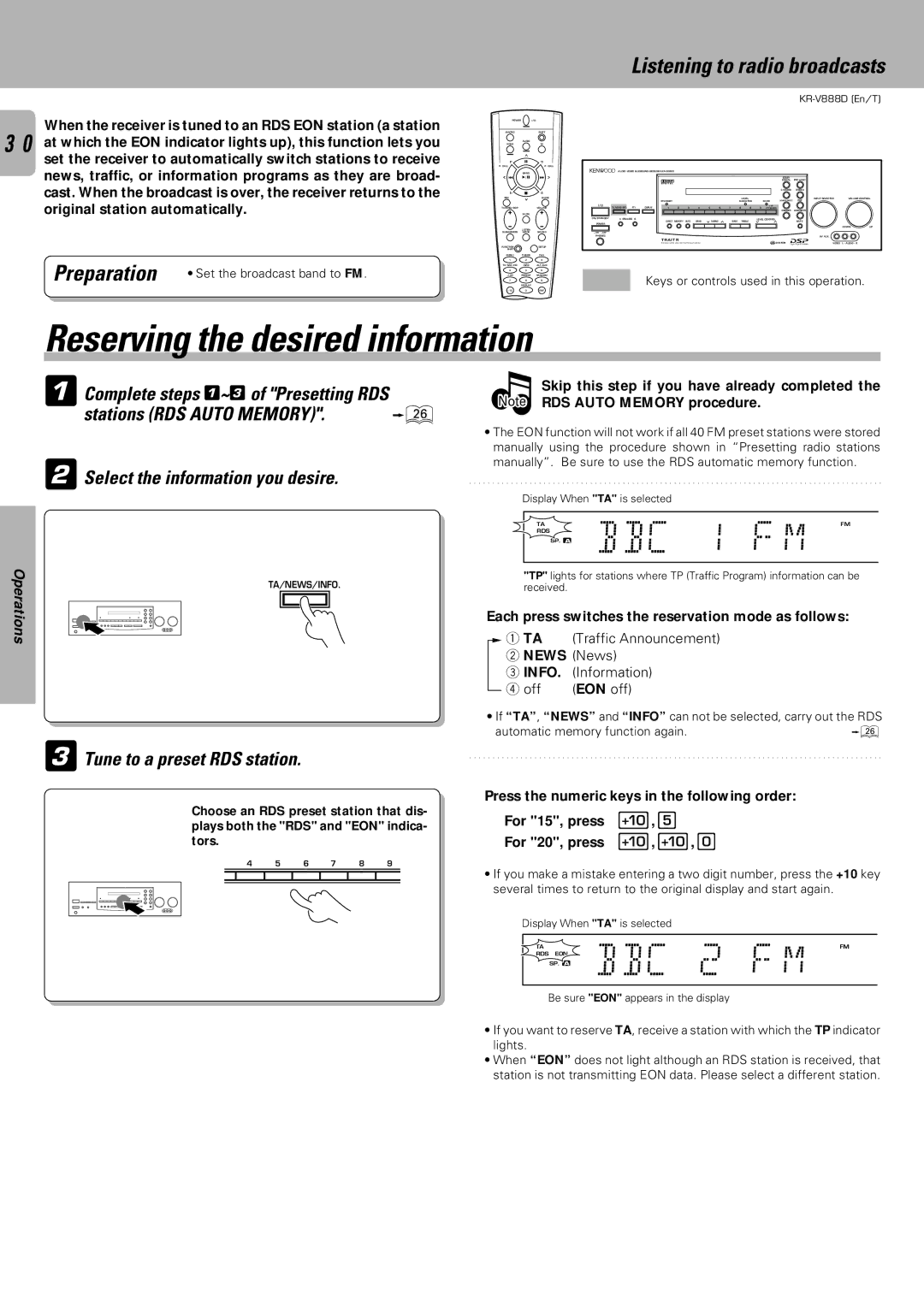 Kenwood KR-V888D Reserving the desired information, Preparation, Stations RDS Auto Memory, Tune to a preset RDS station 