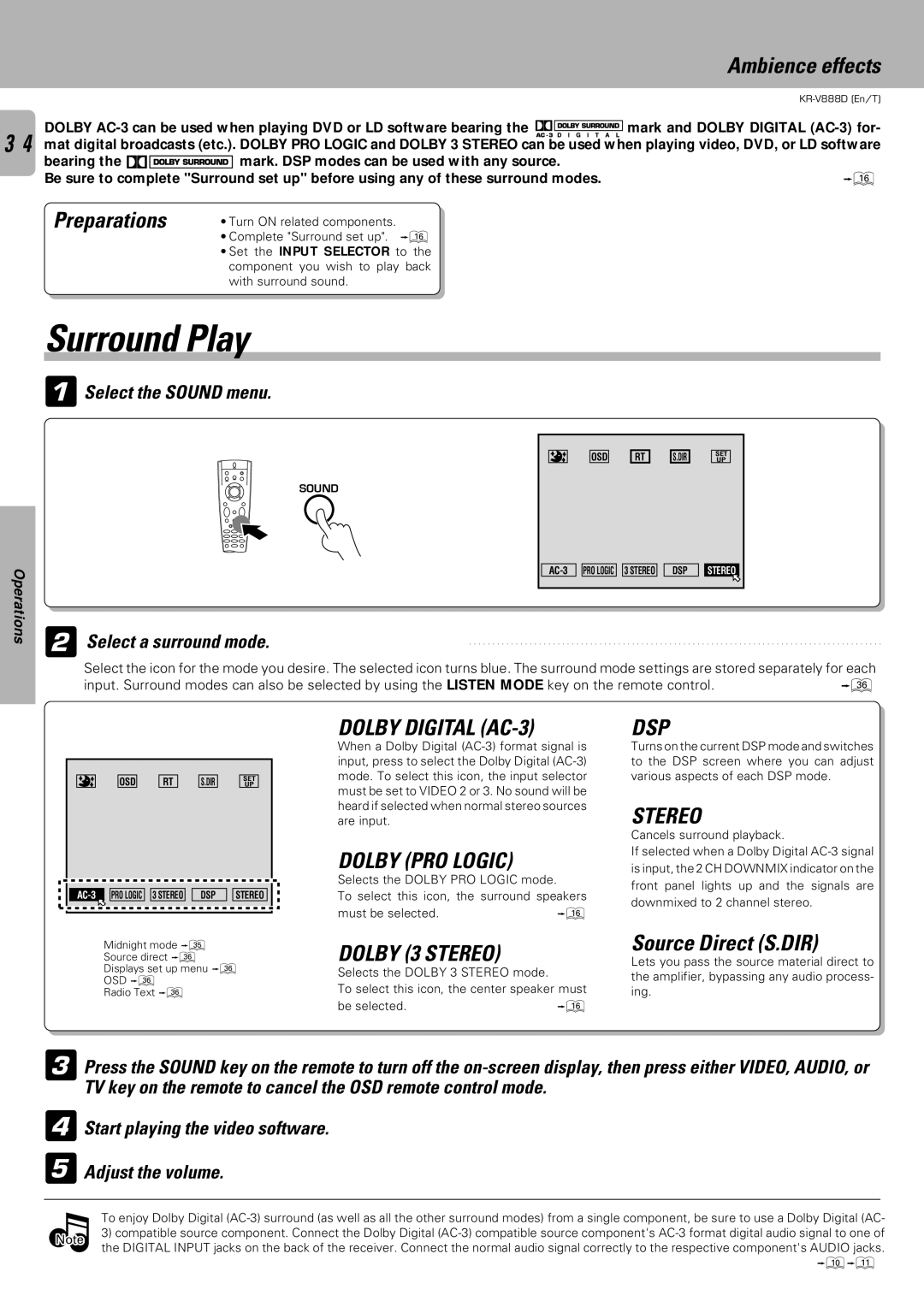 Kenwood KR-V888D Surround Play, Preparations, Source Direct S.DIR, Select the Sound menu, Select a surround mode 