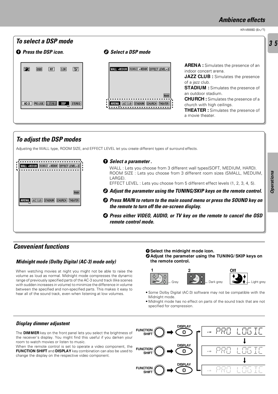 Kenwood KR-V888D instruction manual To select a DSP mode, To adjust the DSP modes, Convenient functions 