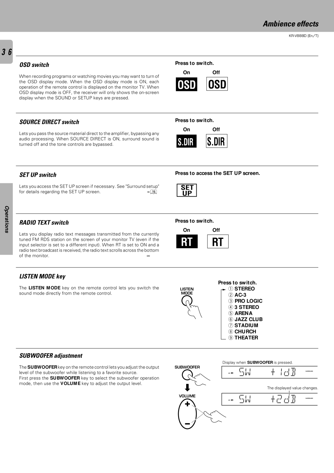 Kenwood KR-V888D OSD switch, Source Direct switch, SET UP switch, Radio Text switch, Listen Mode key, Subwoofer adjustment 