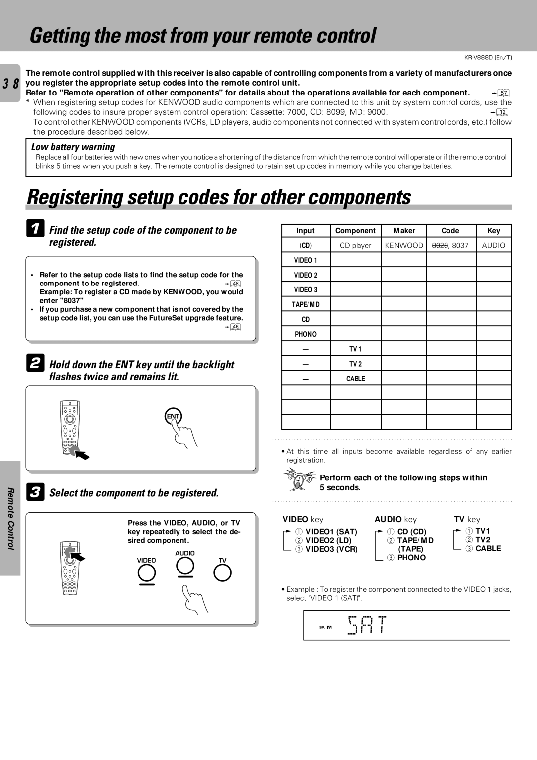 Kenwood KR-V888D instruction manual Getting the most from your remote control, Registering setup codes for other components 