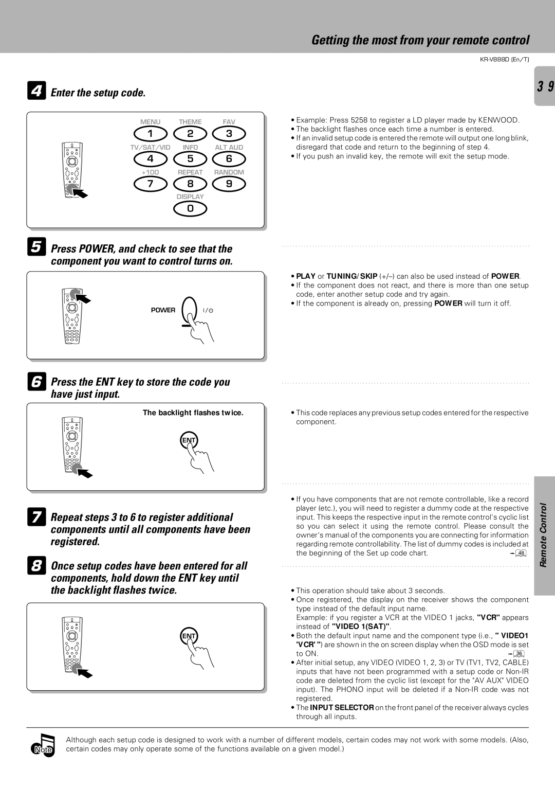 Kenwood KR-V888D Enter the setup code, Press the ENT key to store the code you have just input, Registered 