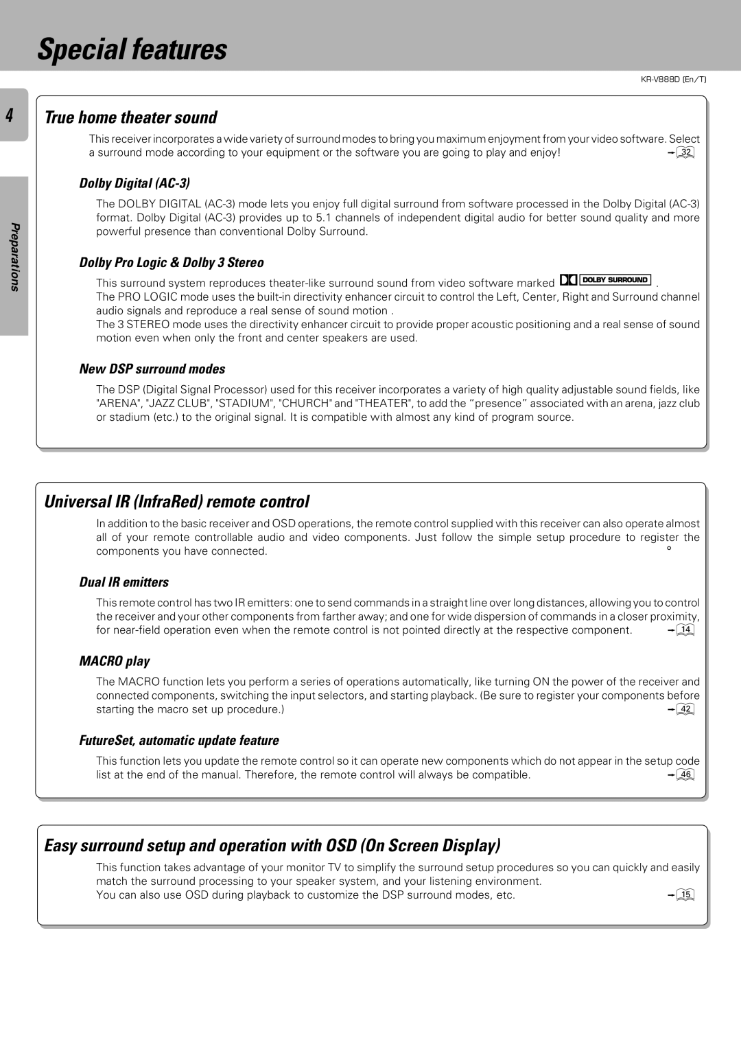 Kenwood KR-V888D instruction manual Special features, True home theater sound, Universal IR InfraRed remote control 