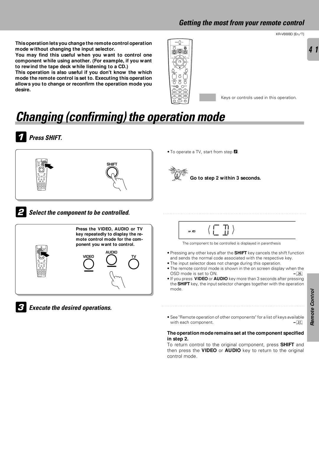 Kenwood KR-V888D Changing confirming the operation mode, Press Shift, Select the component to be controlled 