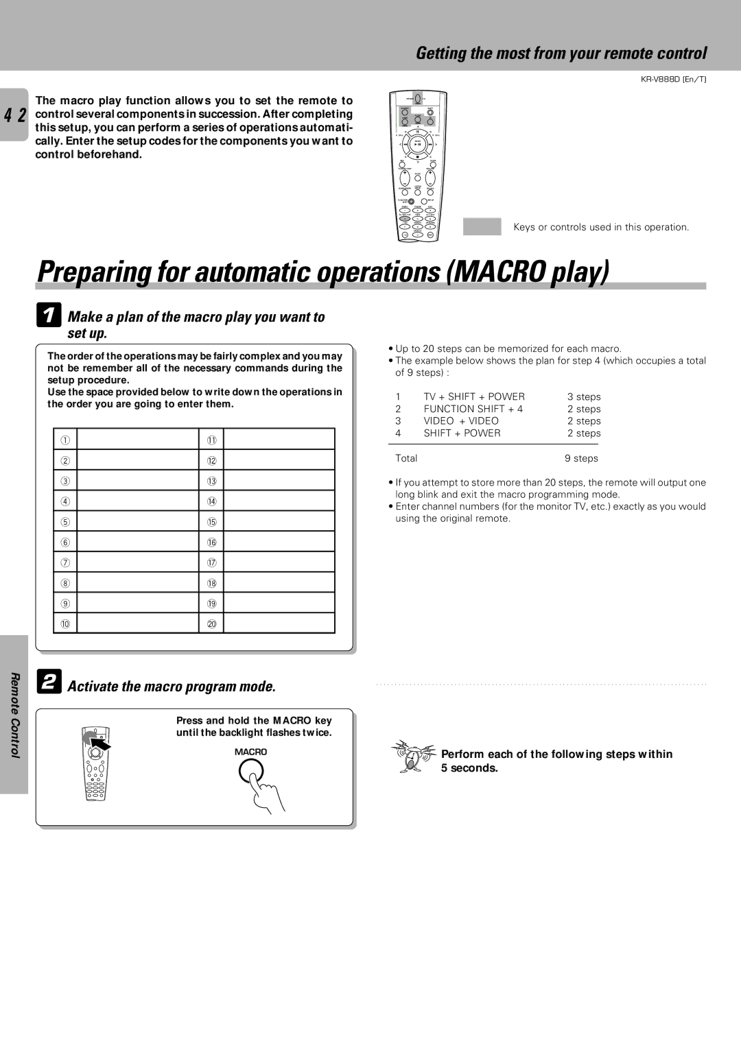 Kenwood KR-V888D instruction manual Make a plan of the macro play you want to set up, Activate the macro program mode 