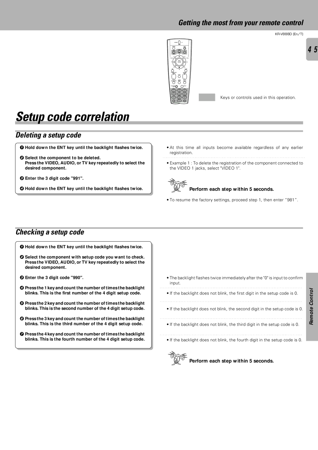 Kenwood KR-V888D Setup code correlation, Deleting a setup code, Checking a setup code, Perform each step within 5 seconds 