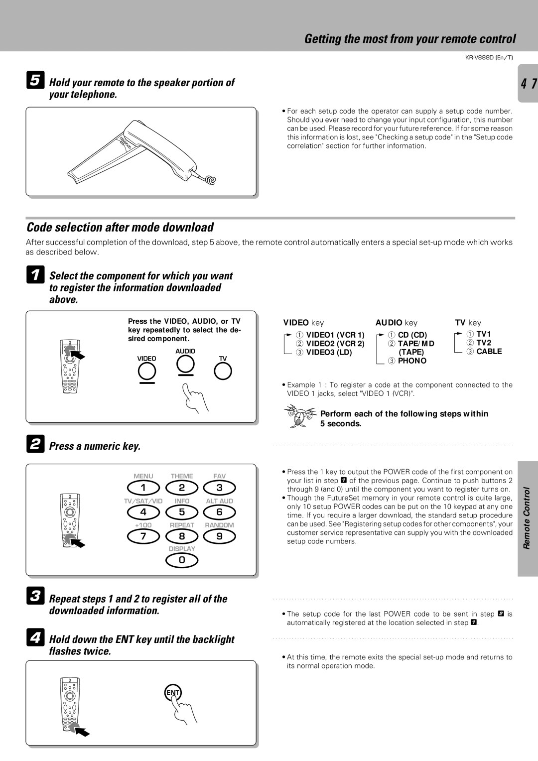 Kenwood KR-V888D Code selection after mode download, Hold your remote to the speaker portion of your telephone 