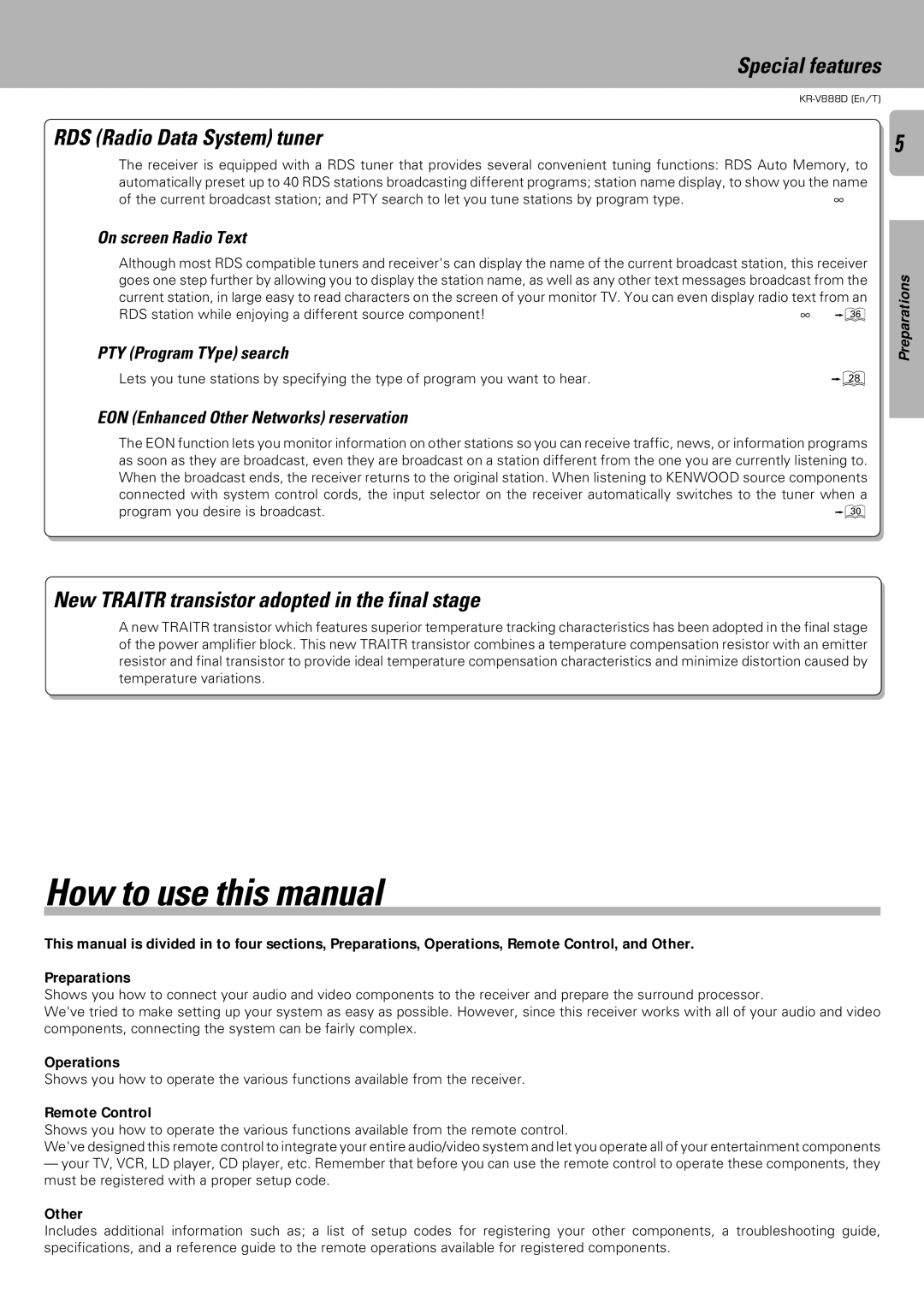 Kenwood KR-V888D instruction manual How to use this manual, Special features, RDS Radio Data System tuner 