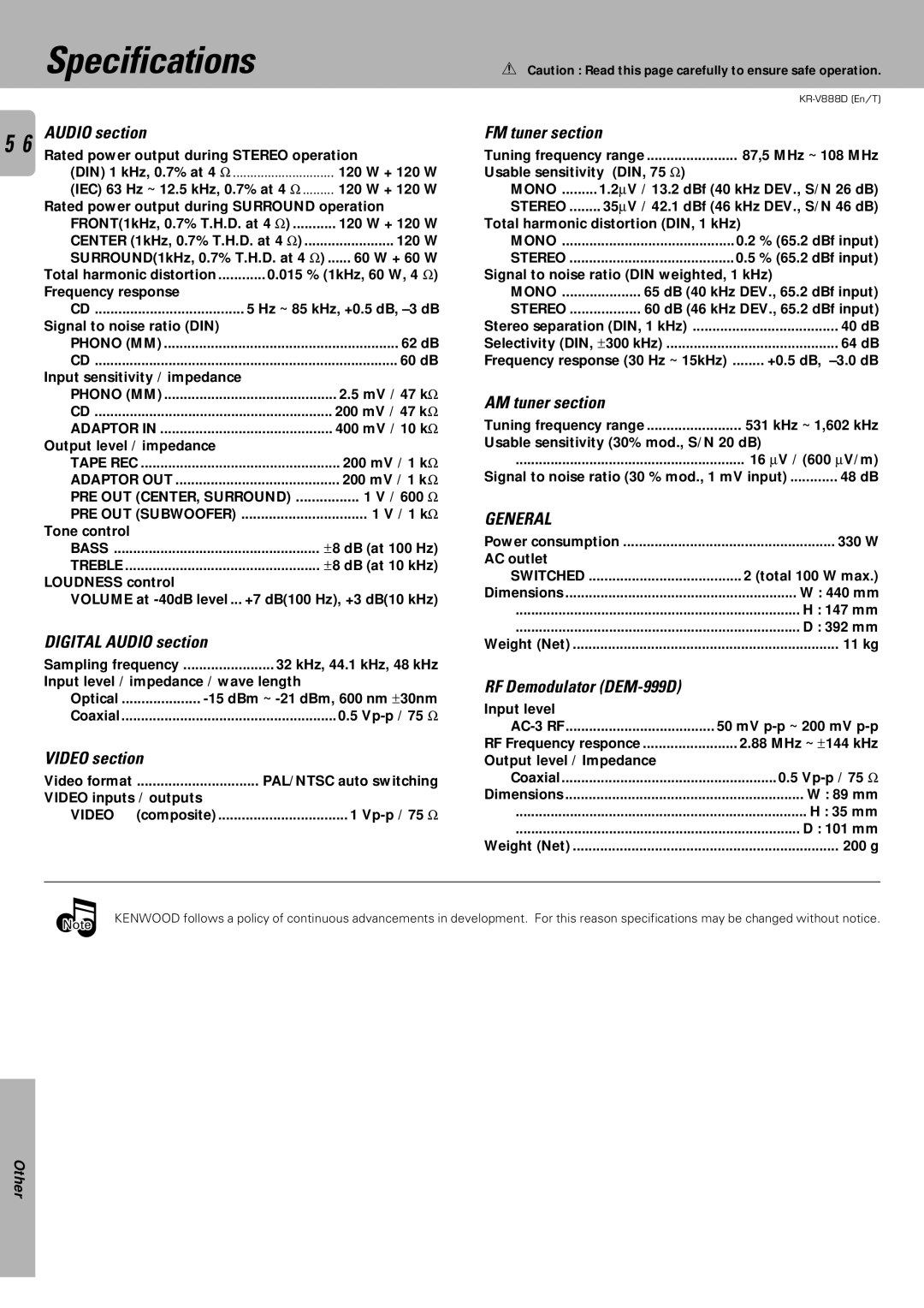 Kenwood KR-V888D instruction manual Specifications 