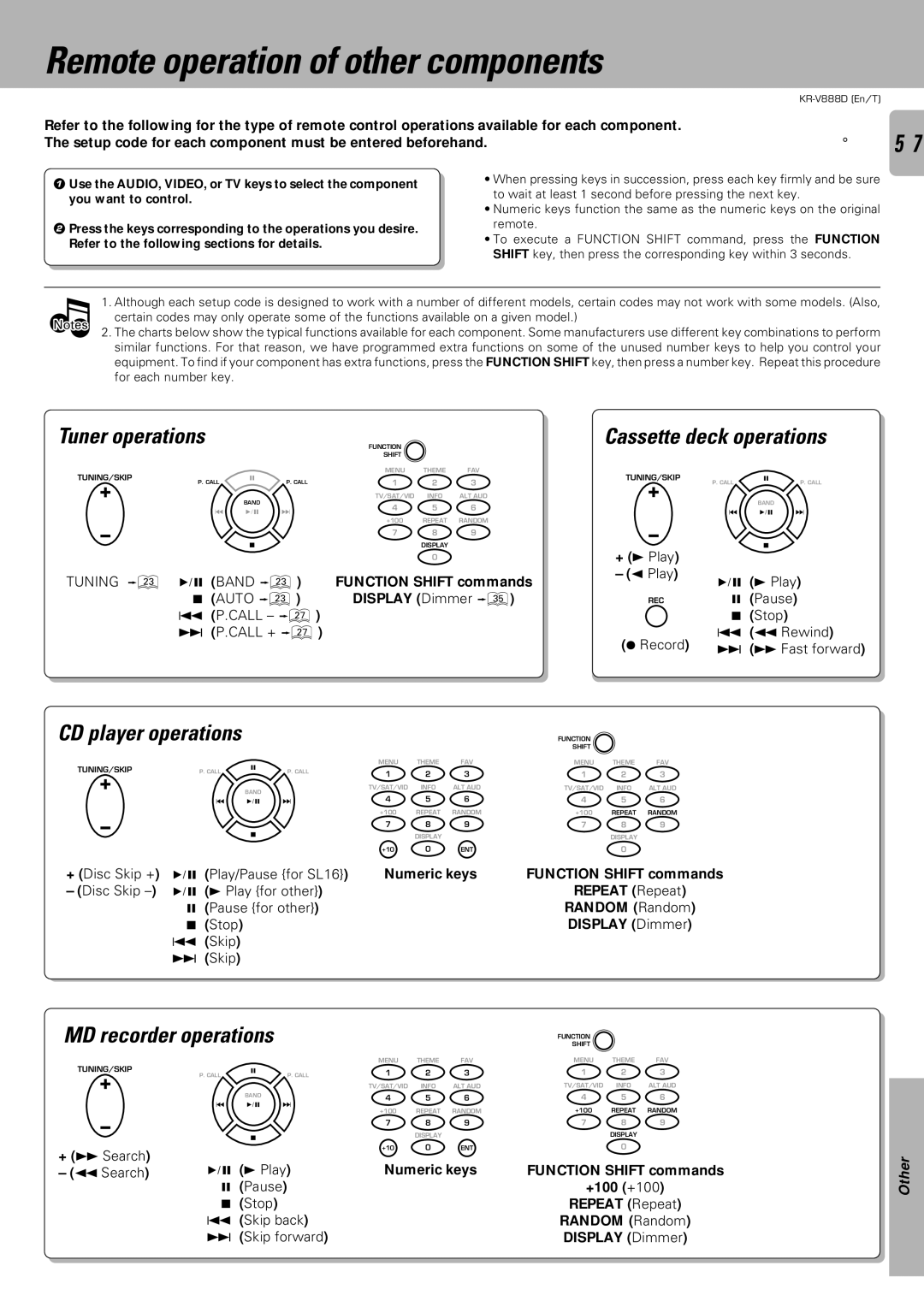 Kenwood KR-V888D instruction manual Remote operation of other components, MD recorder operations, Tuner operations 