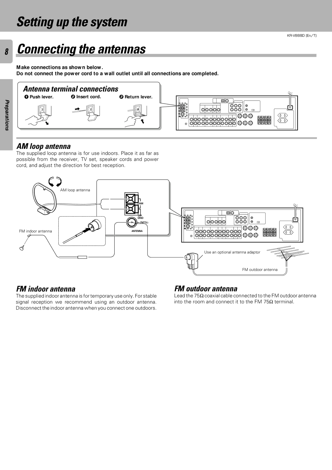 Kenwood KR-V888D instruction manual Setting up the system, Connecting the antennas 