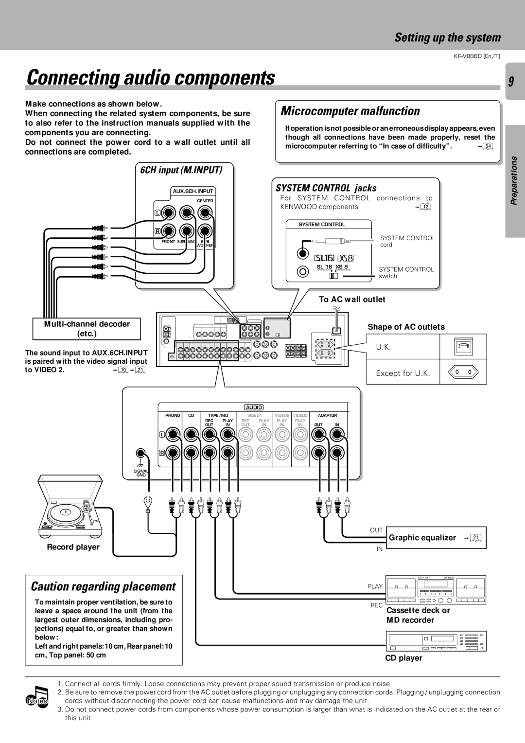 Kenwood KR-V888D Connecting audio components, Microcomputer malfunction, 6CH input M.INPUT, System Control jacks 